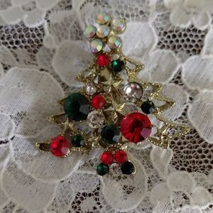 Christmas Tree Brooch with Red and Green Crystals